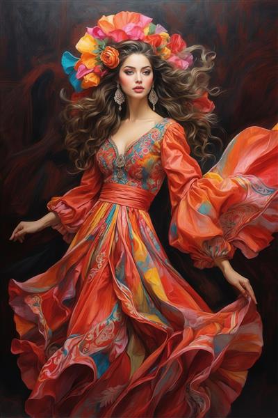 پرتره مدلینگ با لباس ماکسی نارنجی و تاج گل بزرگ، استایل مجلسی فولکلوریک برای چاپ عریض