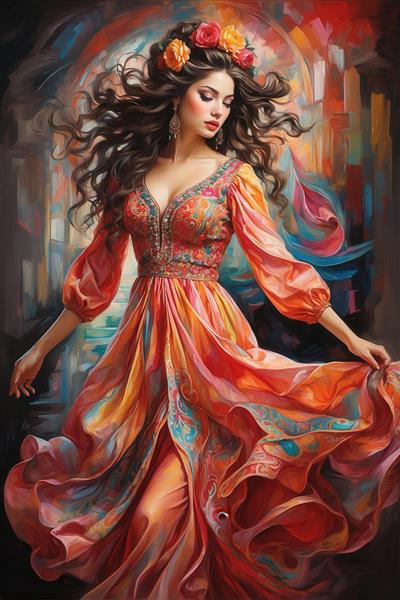 زن زیبا در لباس بوهو با آستین پفی و دامن لایه‌لایه، پرتره هنری با پس‌زمینه رمانتیک