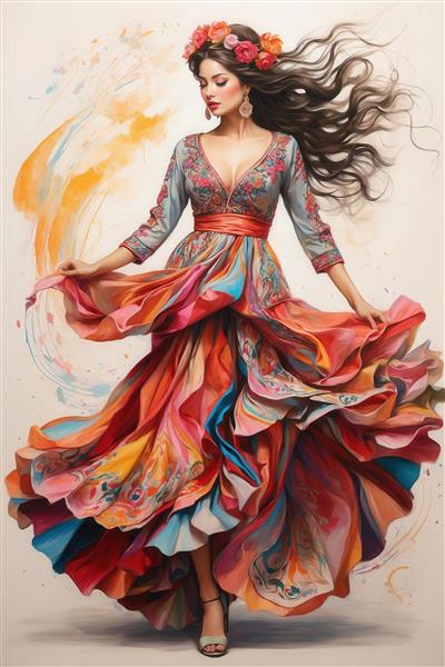 پرتره تمام قد زن با لباس لایه‌دار طرح‌دار و موی آشفته، ترکیب رنگ آبرنگی برای چاپ دکور