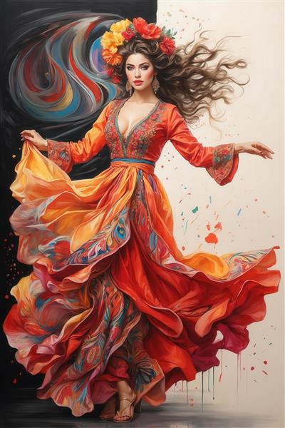 رقصنده فلامنکو با لباس قرمز و دامن لایه‌لایه، تاج گل بر سر و پس‌زمینه دو رنگ تیره و روشن