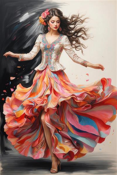 زنی در حال رقص با پیراهن لایه‌لایه شاد و گل‌های رز روی مو، بک‌گراند با کنتراست مشکی و سفید