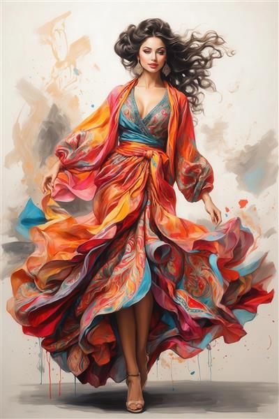 مدل فشن با کت نارنجی و پیراهن طرحدار لایه‌لایه، نقاشی آبرنگی با استایل فولکلوریک