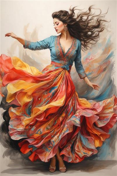 نقاشی دیجیتال زن با دامن پُرچین رنگارنگ و بلوز سنتی، موهای رها و سبک بوهو اسپانیایی