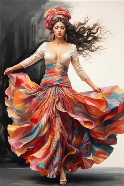 رقصنده با لباس شلوغ لایه‌لایه رنگی و توربان، موهای پروازی و بک‌گراند آبرنگی هنری