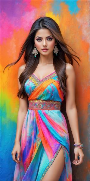 مدل زیبا با لباس شیک رنگارنگ و گوشواره‌های آویز، استایل بوهو با پس‌زمینه نئون