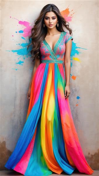 مدل زن با لباس ماکسی رنگین‌کمان و دیزاین گلدار، ایستاده در برابر دیوار هنری با پاشش رنگ