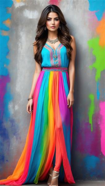 مدل با لباس ماکسی رنگین‌کمان و گردنبند هندی، عکس تمام قد برای چاپ دکوراسیون
