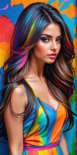 دختر با لباس راه راه رنگین‌کمانی و هایلایت موی نئون، استایل بوهو در فضای گرافیتی