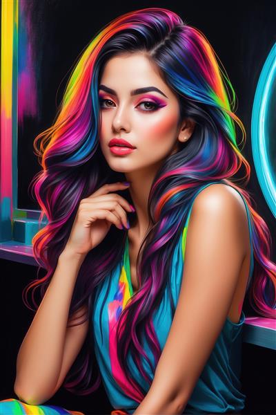 پرتره جذاب دختر با موی آمبره رنگین‌کمانی و میکاپ صورتی، استایل نئون دیسکو