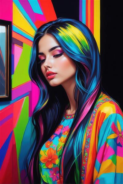 مدل زن با موهای امبره نئونی و لباس گلدار، پس‌زمینه انتزاعی شاد برای چاپ تابلوی هنری