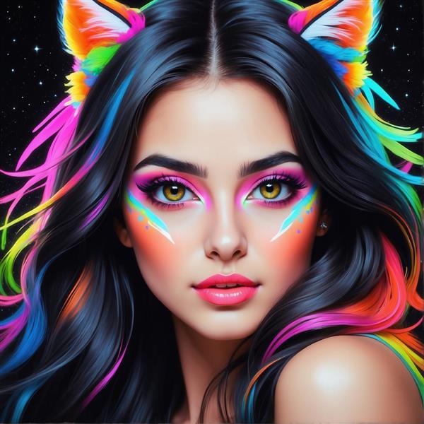 چهره فانتزی دختر با موهای رنگی نئون و گوش‌های گربه‌ای، پرتره کلوزآپ با آرایش خاص