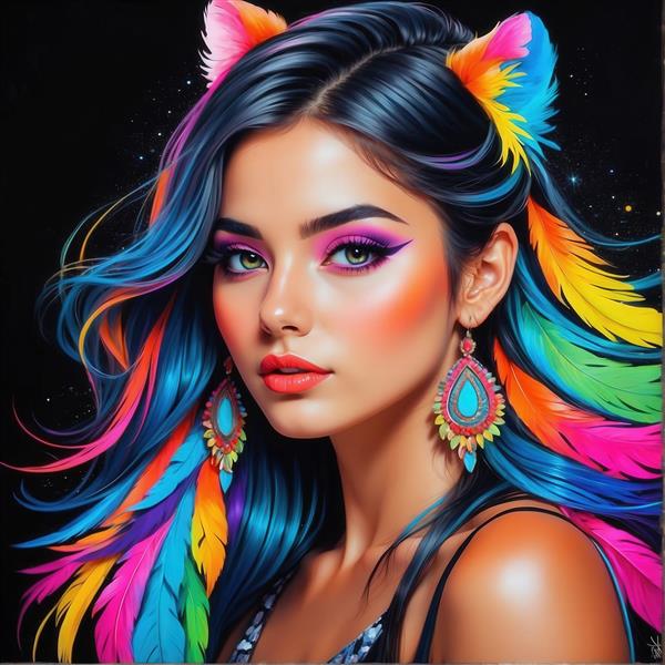 پرتره زن زیبا با تم رنگین کمان و گوشواره‌های پر، میکاپ نئونی برای چاپ پوستر دکوراتیو