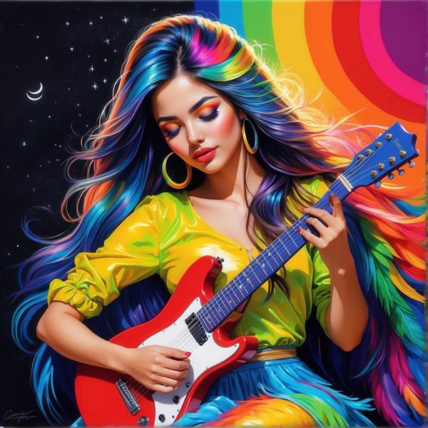 پرتره زن با گیتار الکتریک قرمز، موهای رنگین‌کمانی بلند و پس‌زمینه رنگین‌کمان
