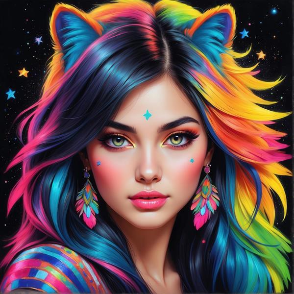 پرتره فانتزی زن با گوش‌های گربه‌ای رنگین‌کمانی و آرایش هنری نئونی