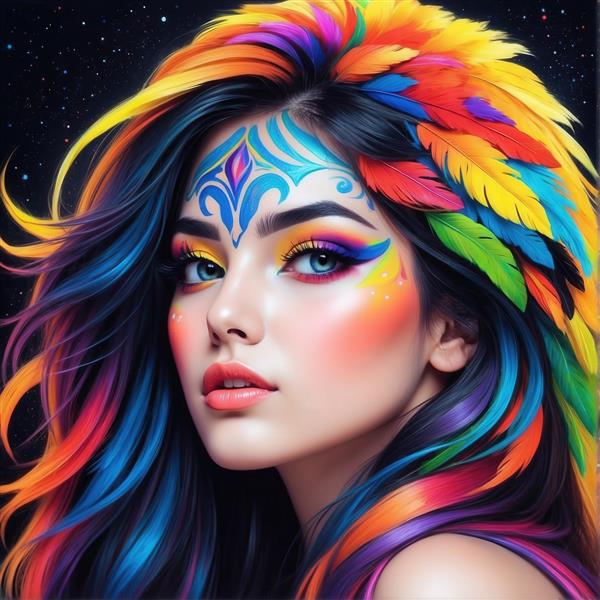 پرتره زن با طراحی فانتزی پر و آرایش رنگین‌کمانی و موهای نئونی