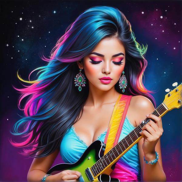 پرتره زن نوازنده با گیتار الکتریک و موهای رنگین‌کمانی در فضا و ستارگان