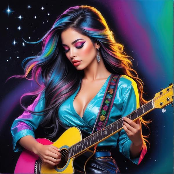 کلوزآپ زن با گیتار، بلوز ساتن آبی و موهای رنگی نئونی در استایل نئوپانک