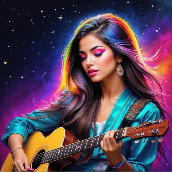 پرتره گیتاریست زن با موهای امبره نئونی و گیتار در پس‌زمینه کهکشانی