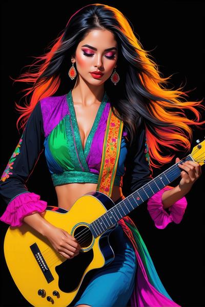 تصویر نیم‌تنه زن هنرمند با بلوز فشن، گیتار زرد و موهای نئونی نارنجی