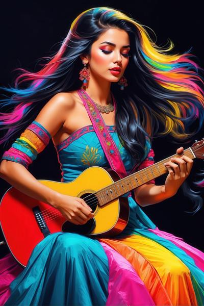 پرتره زن گیتاریست با موهای رنگین‌کمانی و گیتار آکوستیک، استایل فستیوال