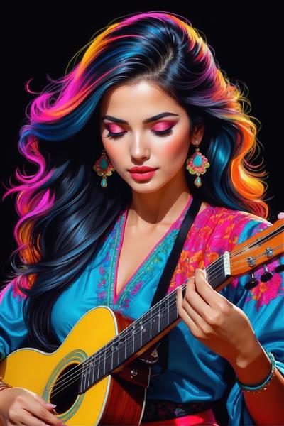 پرتره زن گیتاریست با موهای رنگین‌کمان نئونی و گیتار زرد رنگ، نگاه متمرکز