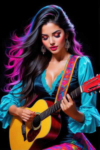پرتره کلوزآپ زن هنرمند با گیتار و موهای نئونی صورتی، در حال نواختن