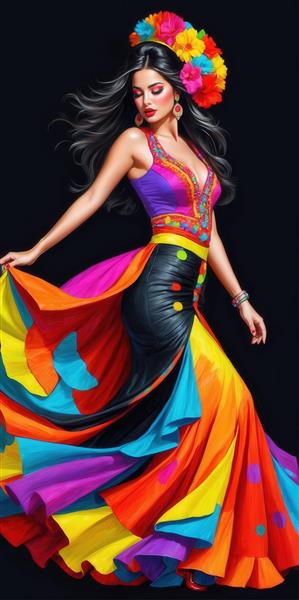 رقصنده فلامینگو با لباس چرمی مشکی و دامن چند لایه و گل‌های برجسته در مو