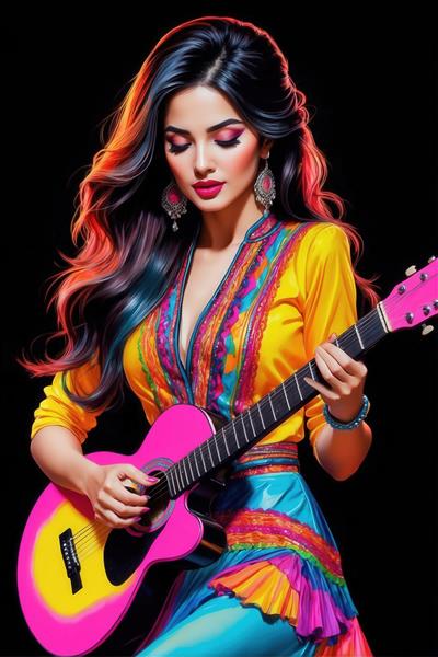 پرتره زن گیتاریست با لباس رنگارنگ و گیتار آکوستیک صورتی در پس‌زمینه تیره