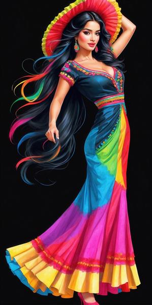 زن زیبای رقصنده با لباس بلند رنگین‌کمانی و کلاه سنتی مکزیکی لبه‌دار