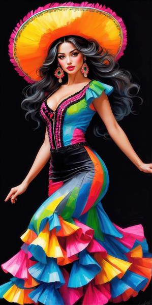 تصویر قدی زن رقصنده مکزیکی با کلاه لبه‌دار و لباس گلدوزی شده چند رنگ