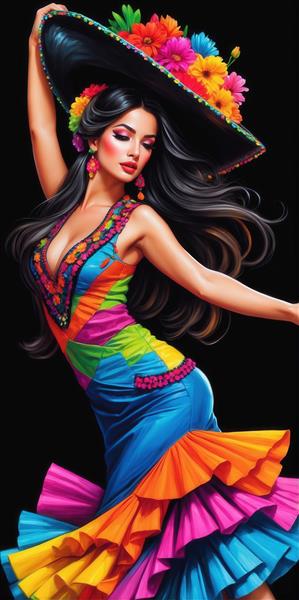 رقصنده زن با لباس شاد و رنگین در حال چرخش و کلاه لبه پهن مشکی گلدار