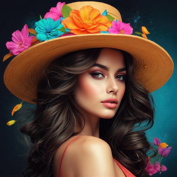 کلوزآپ زن با موهای تیره موج‌دار و کلاه حصیری تزیین شده با گل‌های شاد