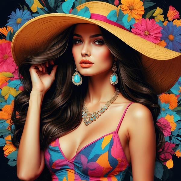 پرتره فشن زن شیک با کلاه لبه پهن، گردنبند و گوشواره‌های بزرگ فیروزه‌ای