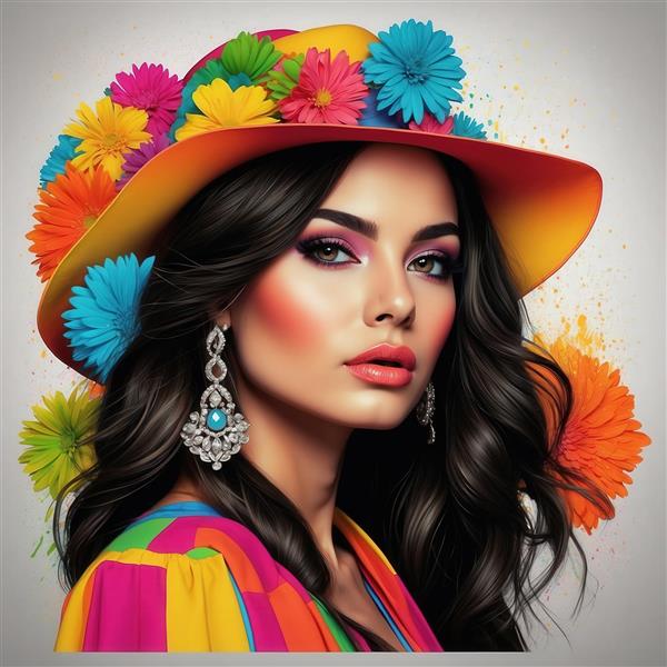 چهره زن زیبا با کلاه نارنجی و گوشواره‌های الماس فیروزه‌ای، استایل فستیوال