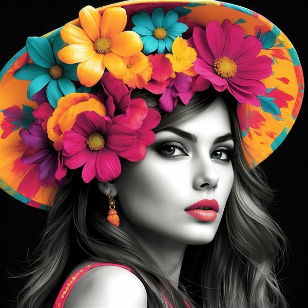 پرتره سیاه و سفید زن با کلاه گلدار رنگی و آرایش فشن با رژ لب قرمز