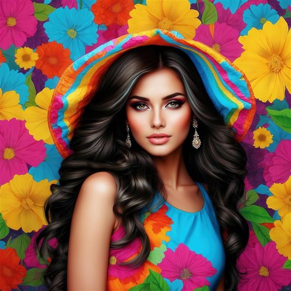 پرتره زن جذاب با کلاه لبه‌دار رنگین‌کمانی در پس‌زمینه دیوار گل‌های شاد
