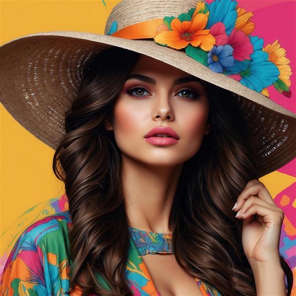 پرتره زن جوان با کلاه حصیری و لباس تابستانی در زمینه رنگ‌های گرم و شاد