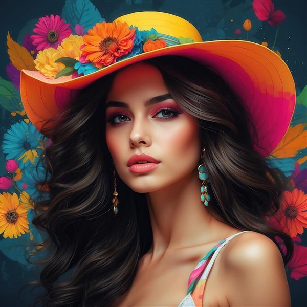 پرتره زن جذاب با کلاه نارنجی تابستانی و گوشواره‌های فیروزه‌ای در میان گل‌ها
