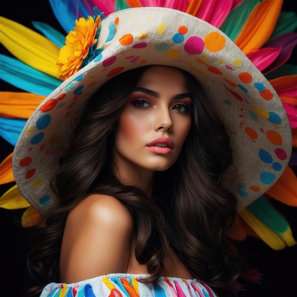 تصویر نیم‌تنه زن جذاب با کلاه خال‌دار فانتزی و آرایش نئونی شیک