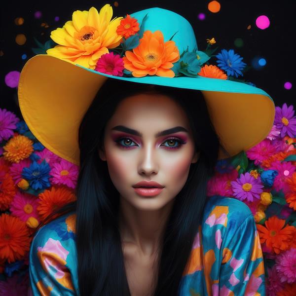 پرتره خیره‌کننده زن در کلاه لبه پهن آبی و زمینه مشکی با انبوهی از گل‌ها