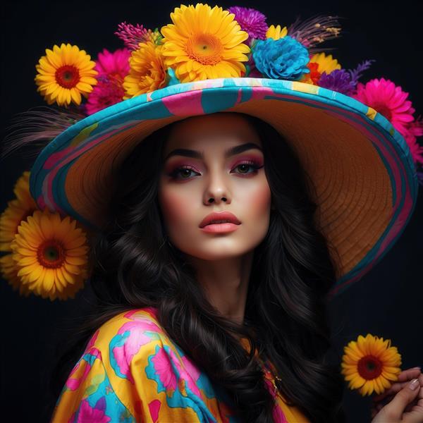 چهره زن فشن با کلاه بزرگ و لبه‌دار مزین به گل‌های زرد و صورتی در تاریکی
