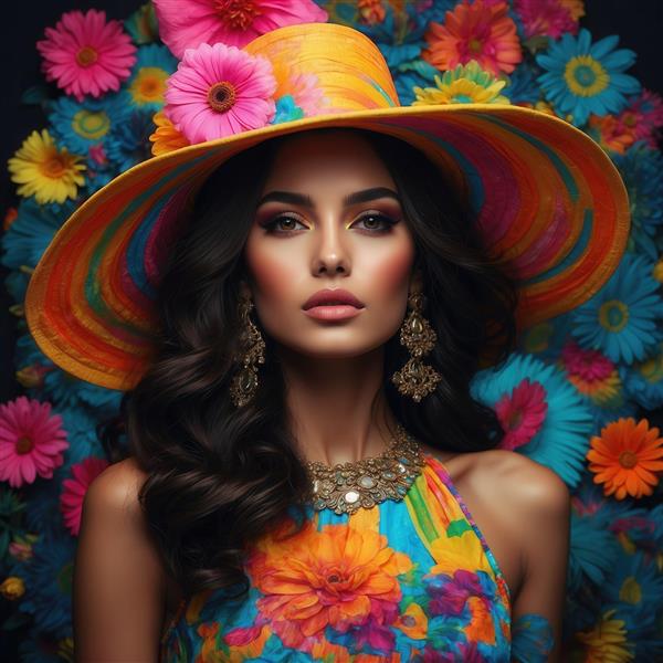 پرتره زن زیبا با کلاه حصیری و گوشواره‌های بزرگ، احاطه شده با گل‌های شاد