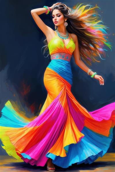 تصویر فشن استایل زن شاد با پیراهن رقص رنگارنگ و موهای بلند در حال چرخش