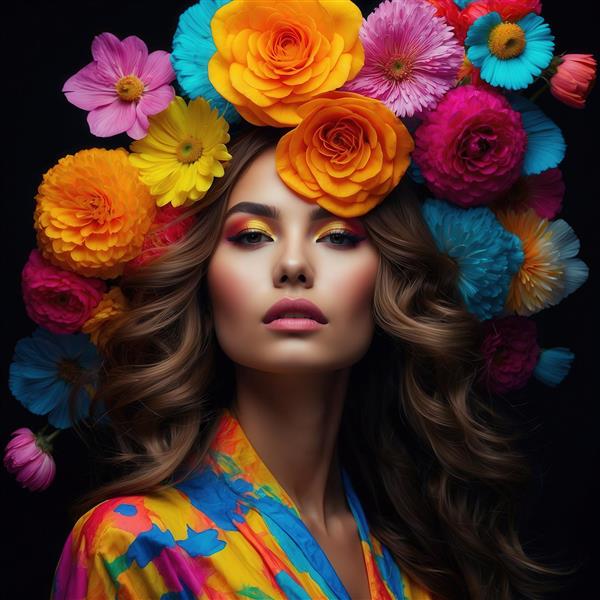 پرتره کلوزآپ زن جذاب با آرایش فشن و گل‌های طبیعی استوایی در موها