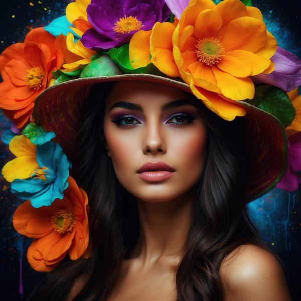 کلوزآپ زن با کلاه تزئین شده با گل‌های رنگارنگ (استایل تابستانی)