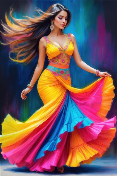 تصویر فشن زن با لباس زرد و صورتی و دامن رنگین‌کمانی در حال حرکت