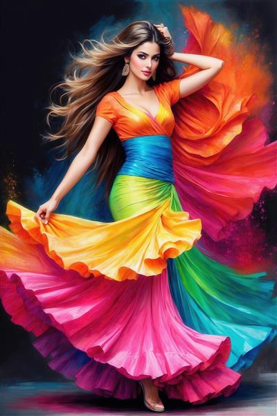 رقصنده زن با لباس نارنجی و دامن چند رنگ متحرک و موهای بلند پروازکننده
