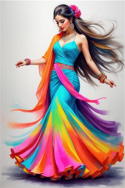 مدل زن با لباس فیروزه‌ای و شال نارنجی/صورتی در استایل هندی/اسپانیایی