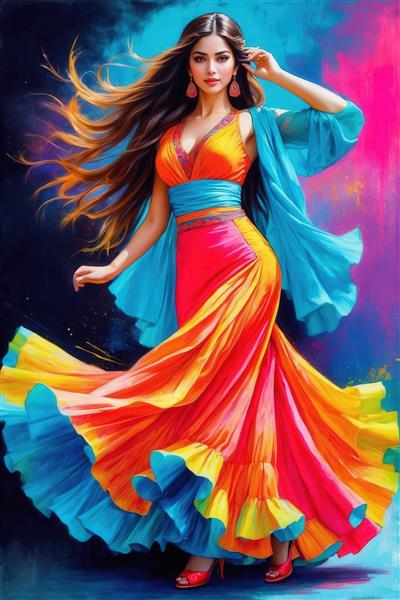 زن با شال آبی روشن و لباس مجلسی مرجانی/نارنجی در حال رقص