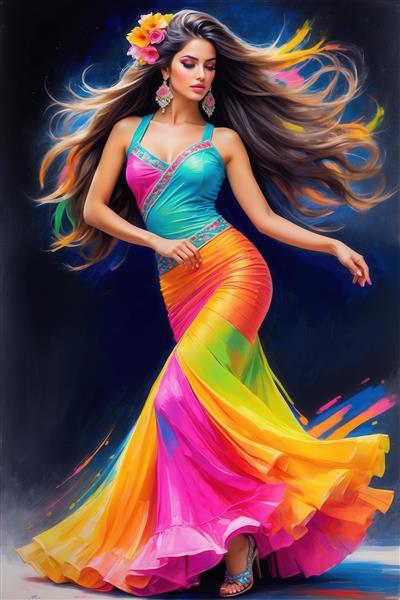 تصویر فشن زن با لباس ماکسی فیروزه‌ای و دامنی با طیف رنگین‌کمان